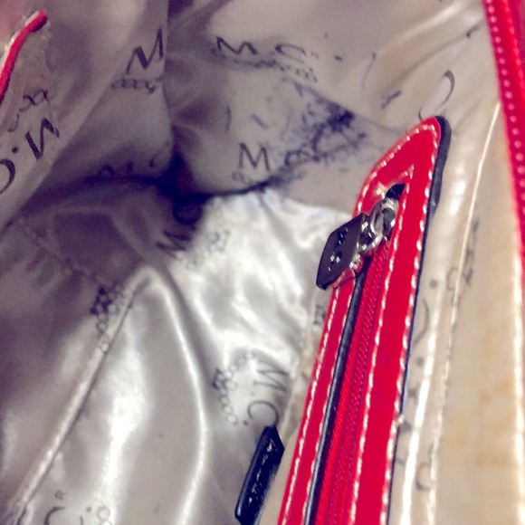 MC red embossed genuine leather satchel handbag with feet. - Picture 15 of 16